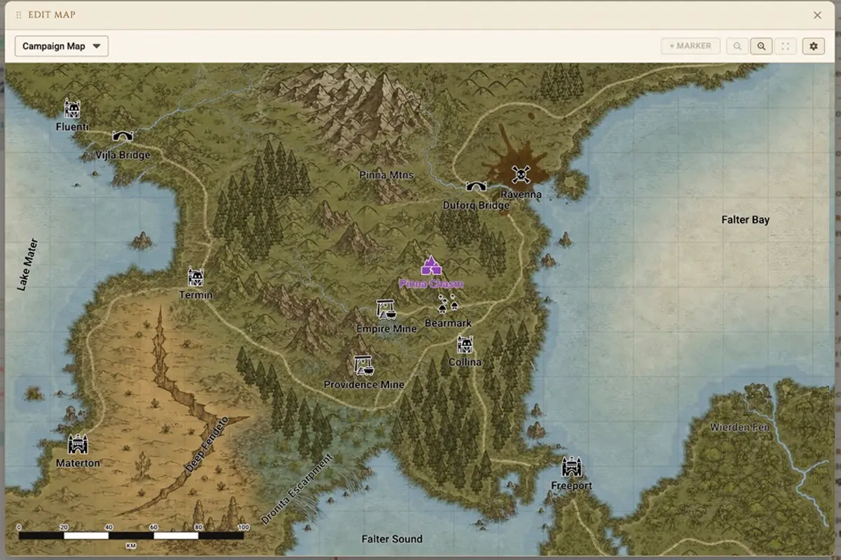 A hand-drawn campaign map with pinned locations