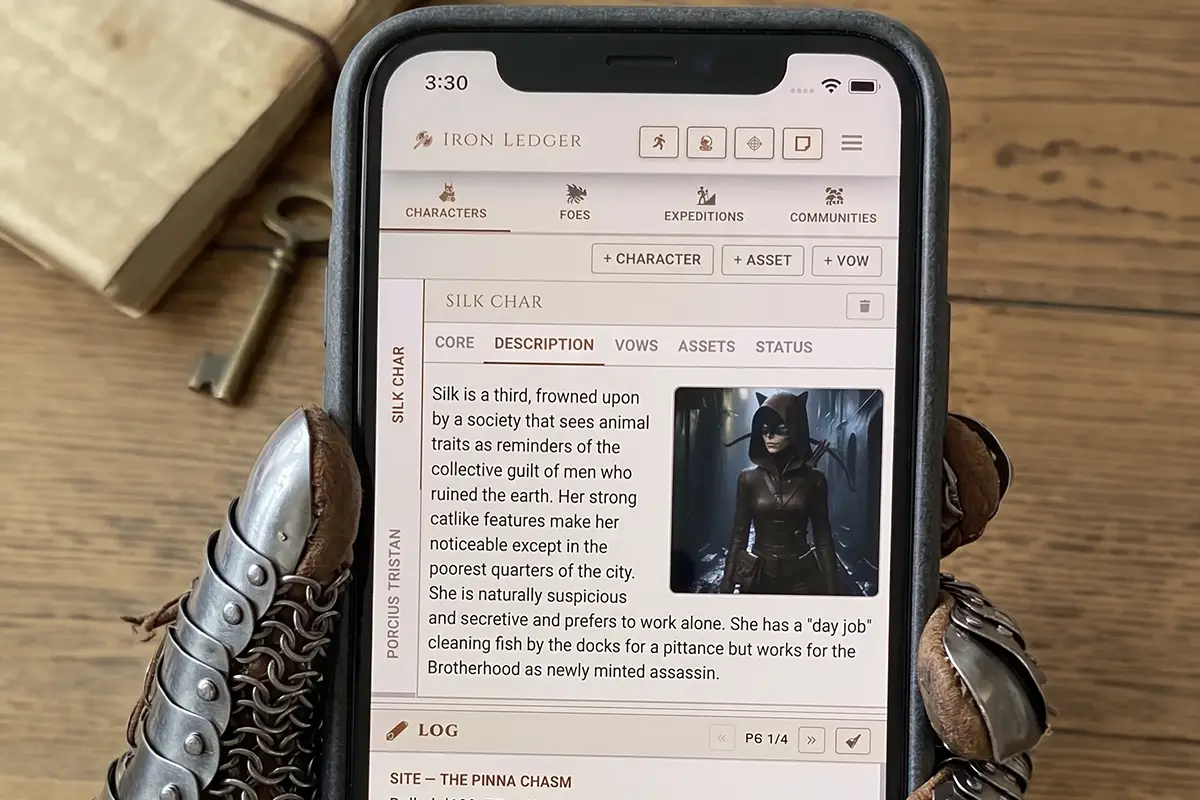 Iron Ledger open on a phone resting on a wooden table beside a gauntlet and an old key, showing a character sheet with description and portrait