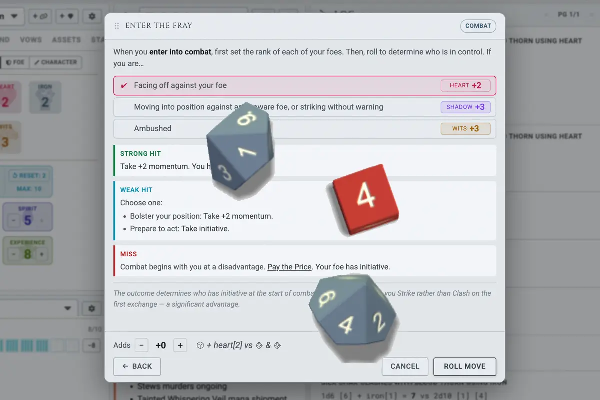 The Enter the Fray combat move open in Iron Ledger, its strong-hit, weak-hit and miss outcomes listed as animated 3D dice tumble across the screen
