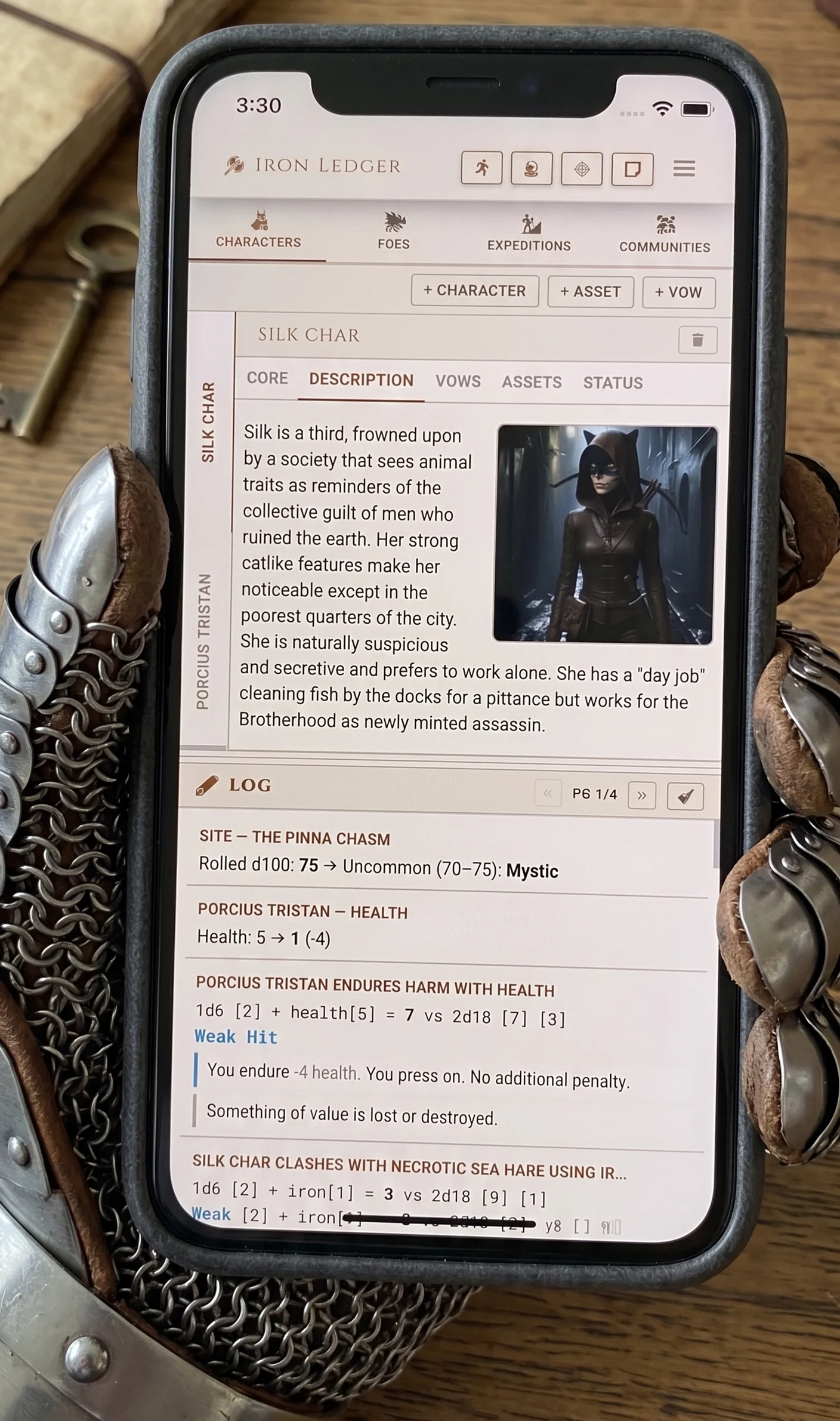 Iron Ledger running on a phone — character sheet with stats, resources, and adventure-action buttons within thumb reach