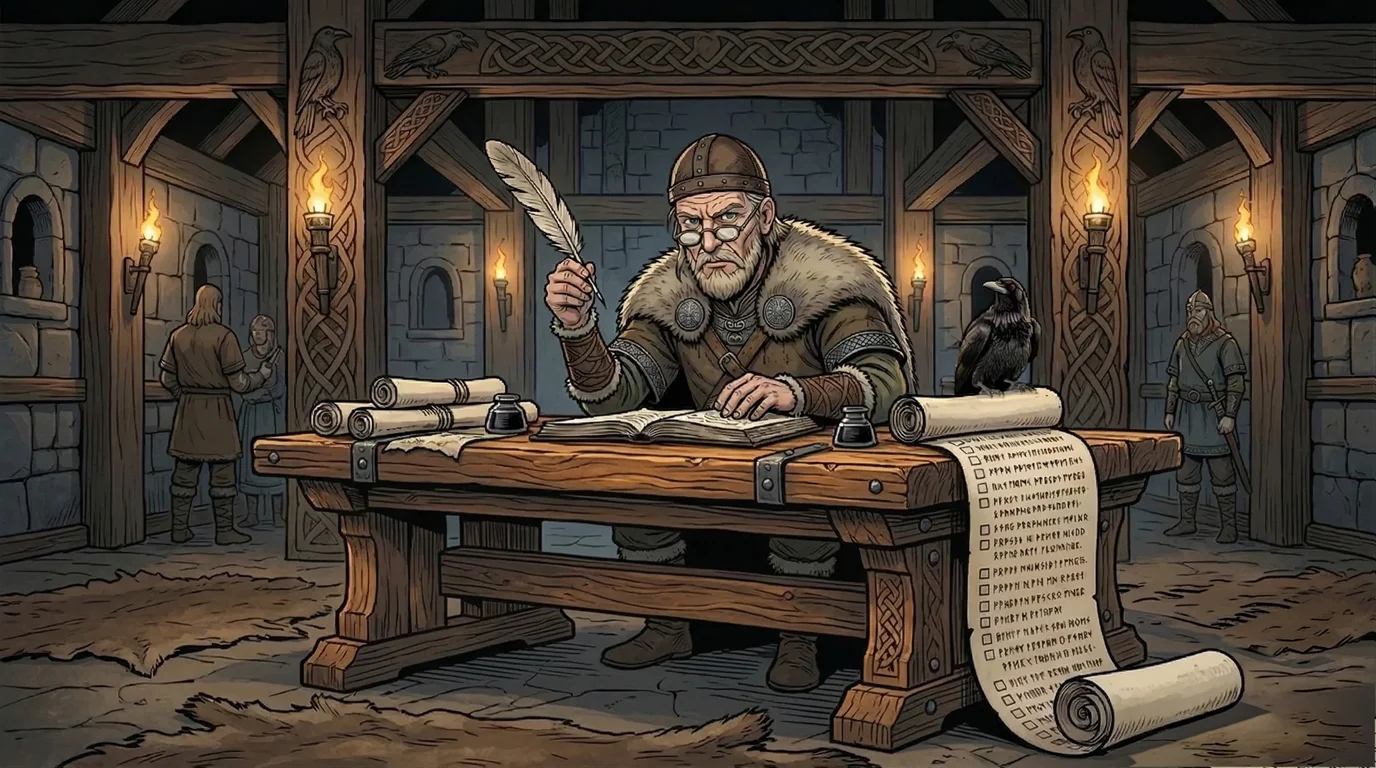 A Norse warrior raises a drinking horn, pledging their name to the ledger