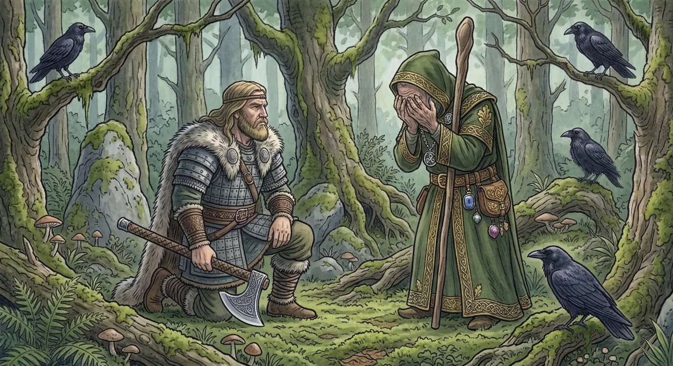 A Norse warrior kneels before an oracle, seeking wisdom he should already have